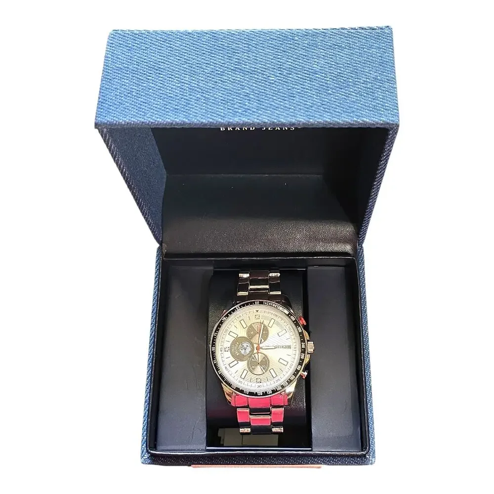 True Religion Mens Buddha Silver Chronograph Bracelet Watch 45mm Quartz Gift Box